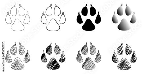 Set of dog tracks - animal footprint, Black and white vector illustration.