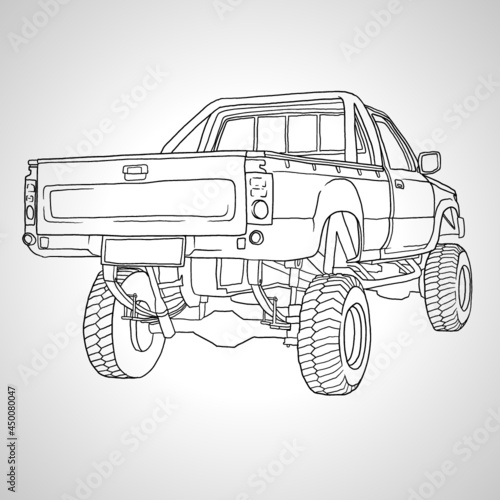 Back of Lifted Truck Reverse Illustrated Cartoon Drawing