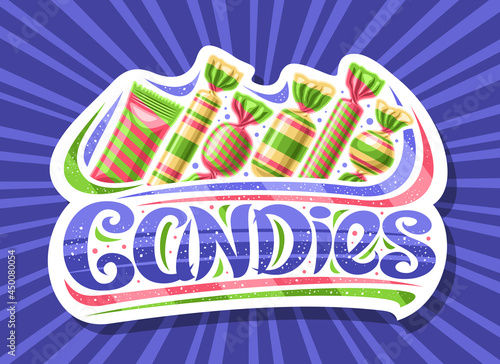 Vector logo for Candies, white decorative sign board with illustration of different bubblegums and yummy fruit candy in a row, poster with unique brush lettering for blue word candies for sweet store.