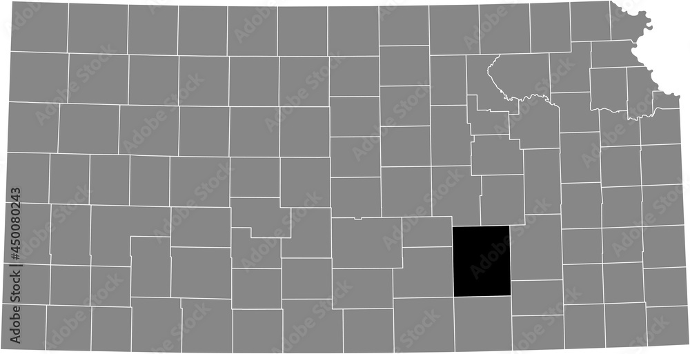 Black highlighted location map of the Butler County inside gray map of the Federal State of Kansas, USA