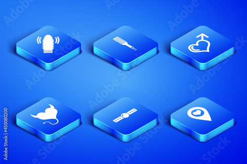Set Location with heart, Dildo vibrator for sex games, Silicone ball gag, Devil horns, Spanking paddle and Male gender and icon. Vector