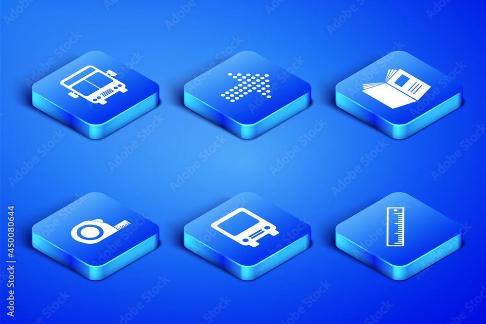 Set Ruler, Bus, Roulette construction, Dots arrow and Open book icon. Vector Set Ruler, Bus, Roulette construction, Dots arrow and Open book icon. Vector