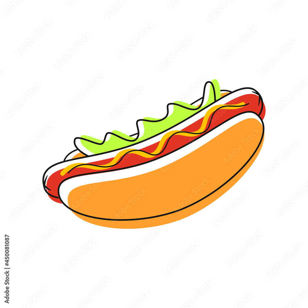 Hot Dog stylish drawing. Sandwich with sausage, green salad , and mustard. Vector illustration Hot Dog stylish drawing. Sandwich with sausage, green salad , and mustard. Vector illustration