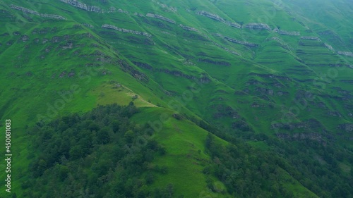 Aerial view of the landscape around the Aguasal and Churron de Agualto meadows. Vega de Pas, Valles Pasiegos, Cantabria, Spain, Europe. photo