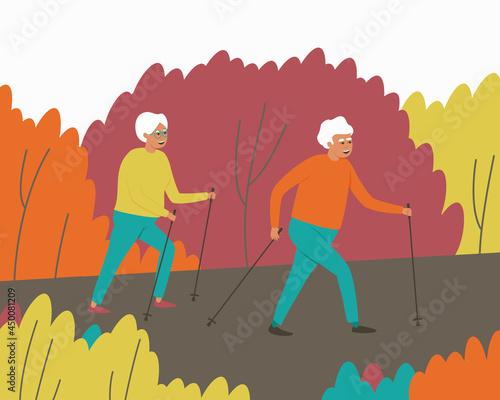A man and a woman walk in a Scandinavian gait. An elderly couple take a leisurely stroll through the park. Autumn nature. Active lifestyle. Flat vector illustration.