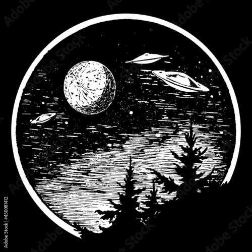 UFOs in Vintage Night Skyline Retro UAP Sighting Illustrated Cartoon Drawing