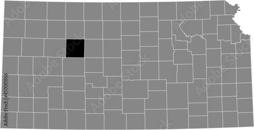 Black highlighted location map of the Trego County inside gray map of the Federal State of Kansas, USA