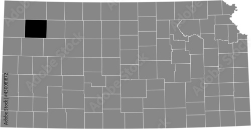 Black highlighted location map of the Thomas County inside gray map of the Federal State of Kansas, USA