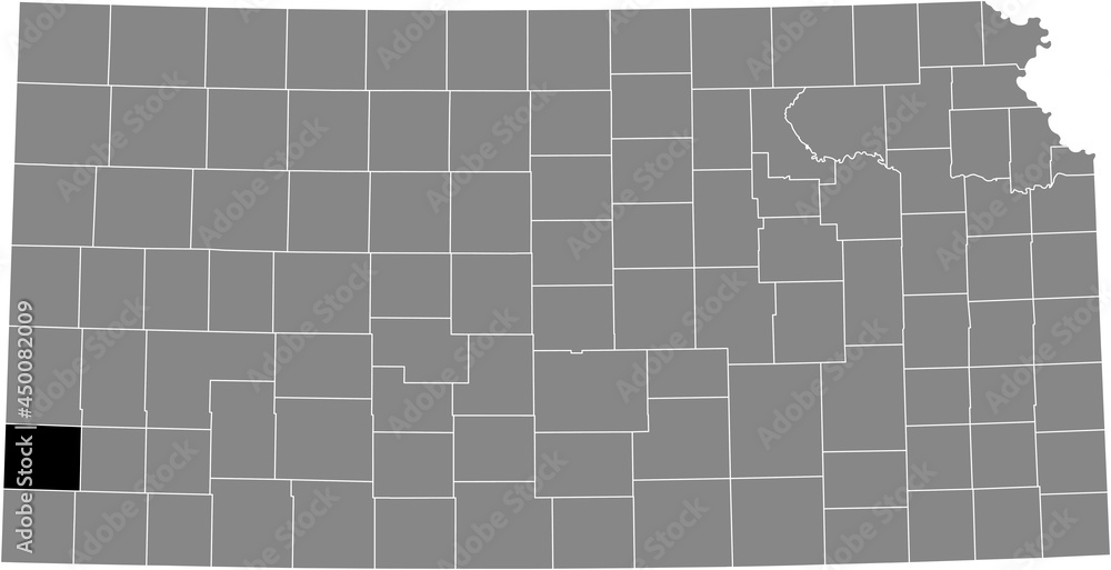 Black highlighted location map of the Stanton County inside gray map of the Federal State of Kansas, USA