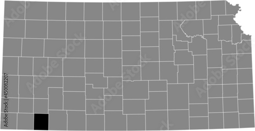 Black highlighted location map of the Seward County inside gray map of the Federal State of Kansas, USA