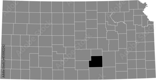 Black highlighted location map of the Sedgwick County inside gray map of the Federal State of Kansas, USA