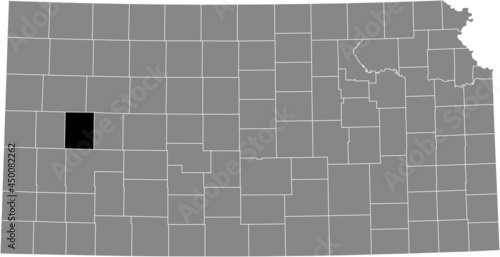 Black highlighted location map of the Scott County inside gray map of the Federal State of Kansas, USA