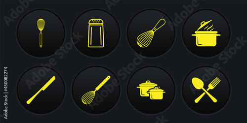 Set Knife, Cooking pot, Kitchen whisk, Salt and pepper, Crossed fork spoon and icon. Vector
