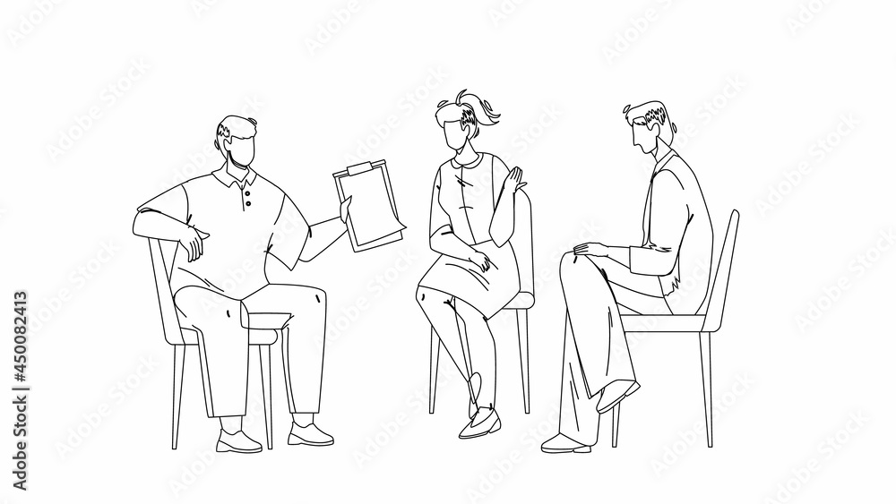 Team Group Discuss And Communicate Together Black Line Pencil Drawing Vector. Young Men And Woman Team Group Sitting On Chairs And Discussing Togetherness. Boy With Checklist and Talk Illustration
