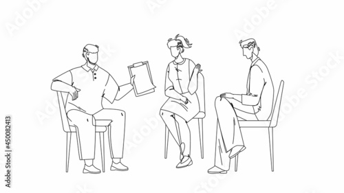 Team Group Discuss And Communicate Together Black Line Pencil Drawing Vector. Young Men And Woman Team Group Sitting On Chairs And Discussing Togetherness. Boy With Checklist and Talk Illustration
