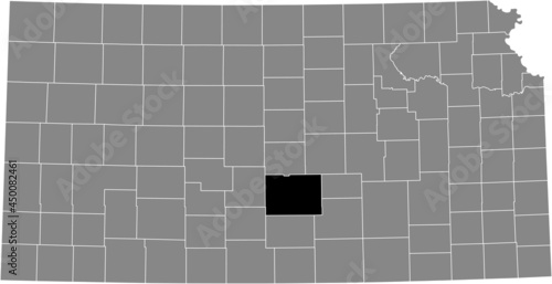 Black highlighted location map of the Reno County inside gray map of the Federal State of Kansas, USA