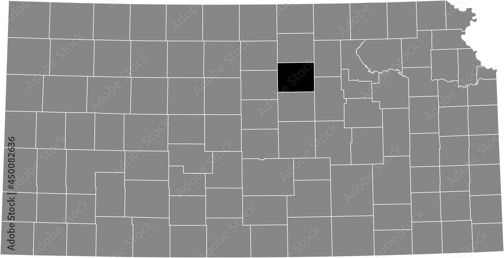 Black highlighted location map of the Ottawa County inside gray map of the Federal State of Kansas, USA