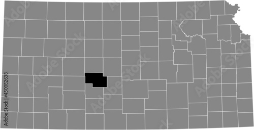 Black highlighted location map of the Pawnee County inside gray map of the Federal State of Kansas, USA