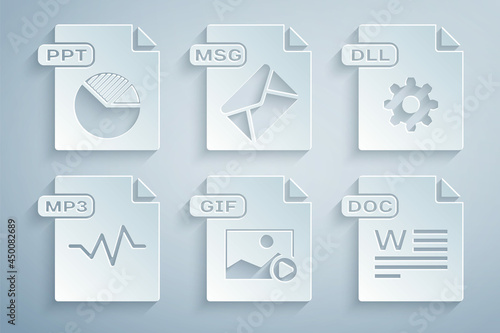 Set GIF file document, DLL, MP3, DOC, MSG and PPT icon. Vector