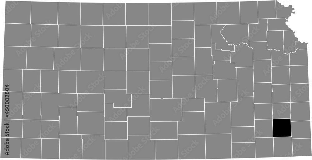 Black highlighted location map of the Neosho County inside gray map of the Federal State of Kansas, USA