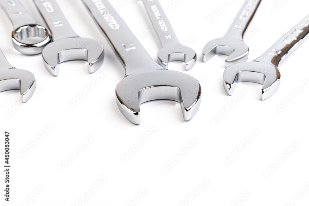 Wrench spanner tools on white background. Copy space for text