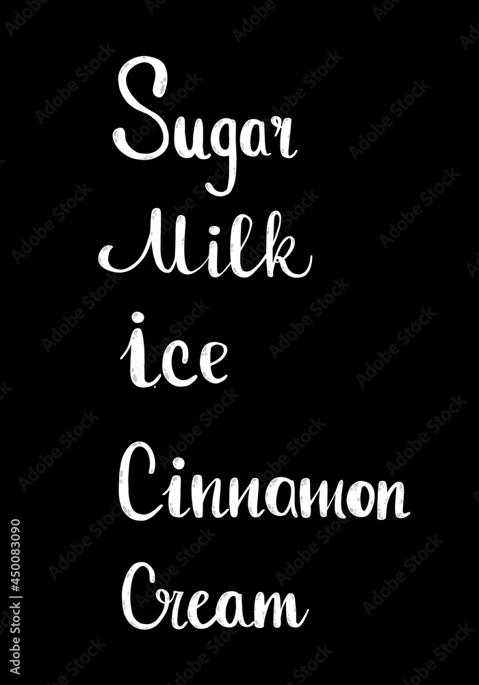 Text of menu for coffee shop, store, website. Black background, white text, imitation of chalk inscription. Sugar, milk, cinnamon, ice, cream, coffee