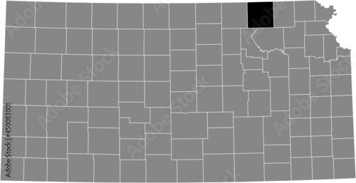 Black highlighted location map of the Marshall County inside gray map of the Federal State of Kansas, USA