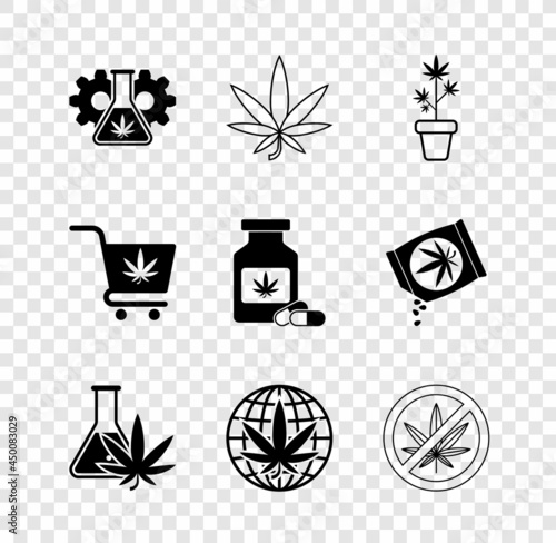Set Test tube with marijuana, Marijuana or cannabis leaf, plant in pot, Legalize, Stop, Shopping cart and Medical bottle icon. Vector