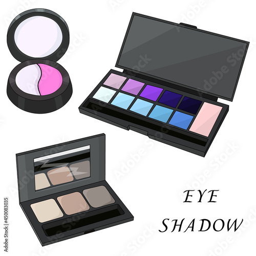 Set of colorful eye shadow palette. white background. Make up design object. Hand drawing. Vector illustration.