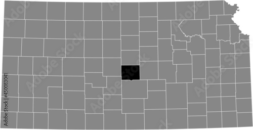 Black highlighted location map of the Rice County inside gray map of the Federal State of Kansas, USA
