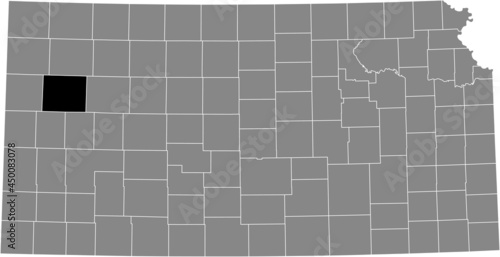 Black highlighted location map of the Logan County inside gray map of the Federal State of Kansas, USA