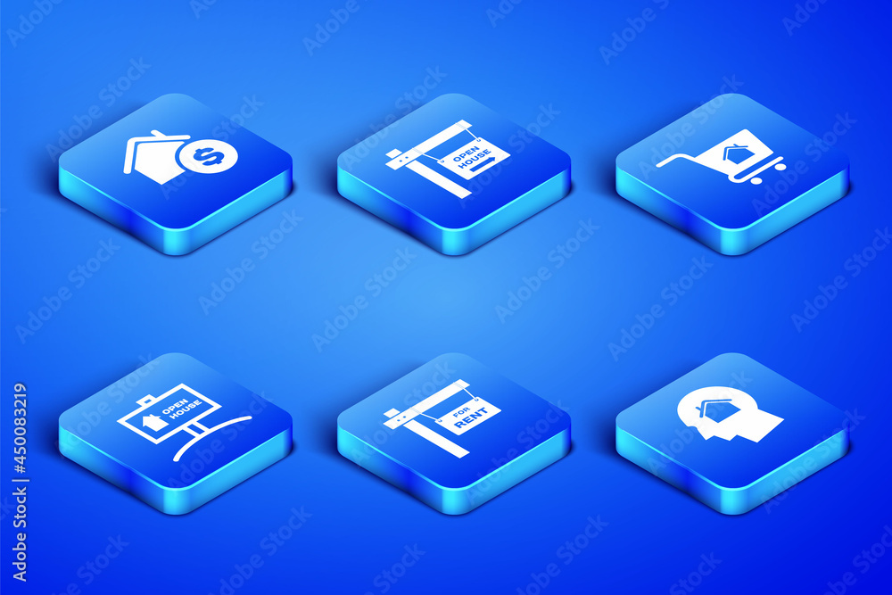 Set Man dreaming about buying house, House with dollar, Hanging sign For Rent, Open, and Shopping cart icon. Vector Set Man dreaming about buying house, House with dollar, Hanging sign For Rent, Open, and Shopping cart icon. Vector