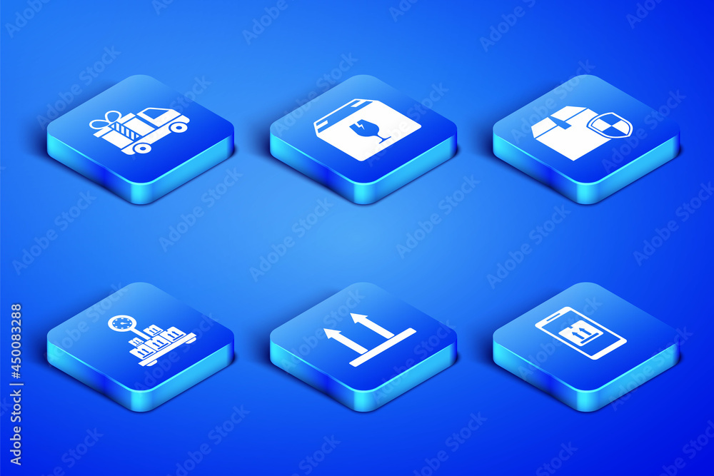 Set Mobile with app tracking, Delivery truck gift, This side up, Scale cardboard box, fragile content and security shield icon. Vector Set Mobile with app tracking, Delivery truck gift, This side up, Scale cardboard box, fragile content and security shield icon. Vector