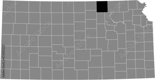 Black highlighted location map of the Washington County inside gray map of the Federal State of Kansas, USA