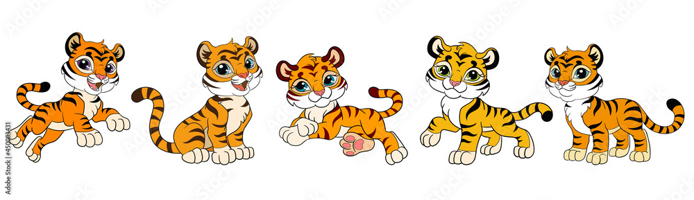 Obraz premium Set of five cute cartoon tiger cubs vector illustration