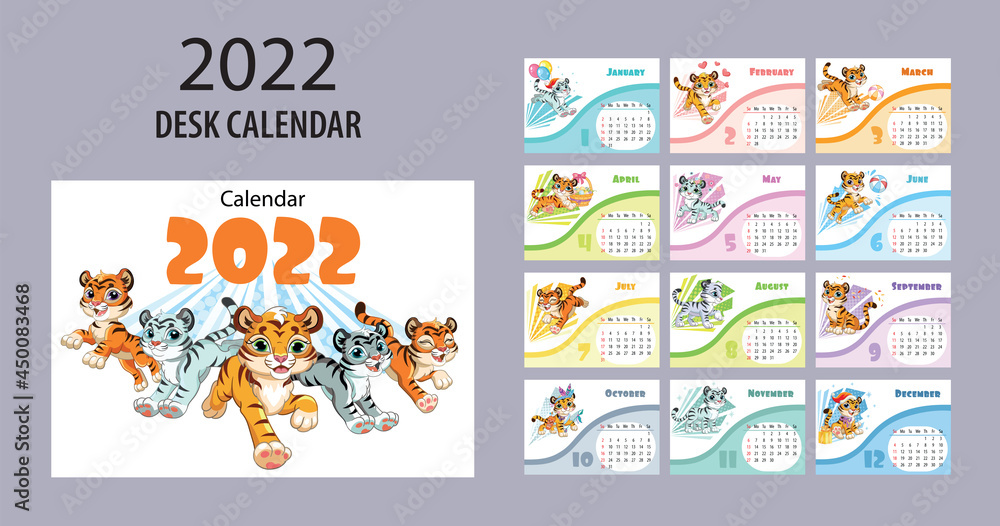 2022 Horizontal calendar design with cute cartoon tigers vector
