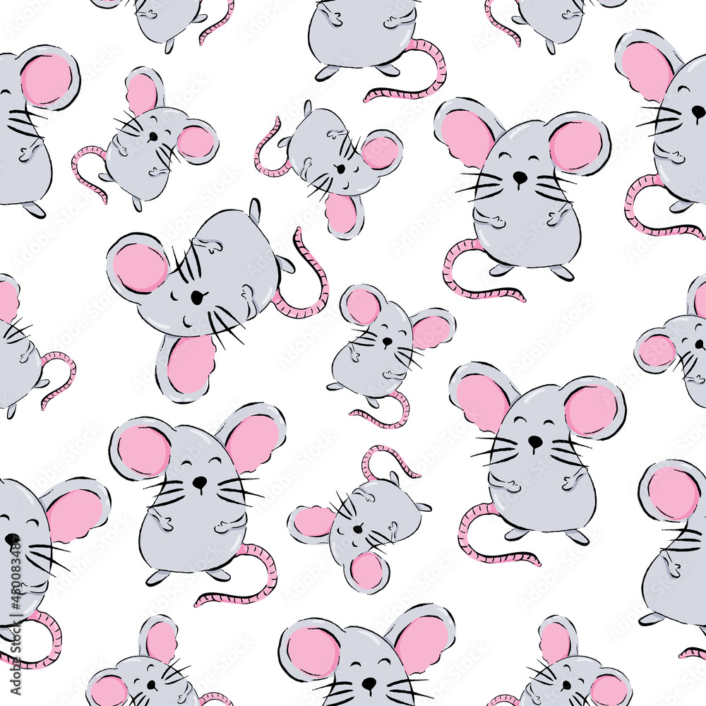 Cute cartoon mouse seamless pattern, vector illustration isolated on white background