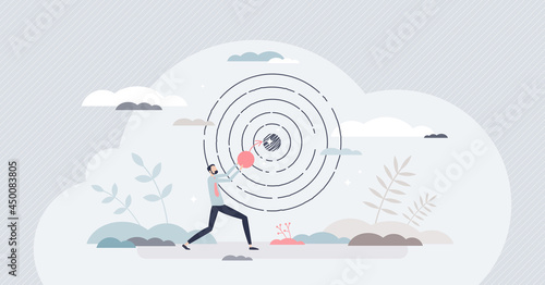 Achieving target and goal as achievement and success tiny person concept. Focus to center as business or career ambition efficiency vector illustration. Leadership challenge and perfect performance.