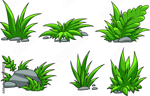 vector game assets  set of various grass in cartoon style  for mobile games  stickers