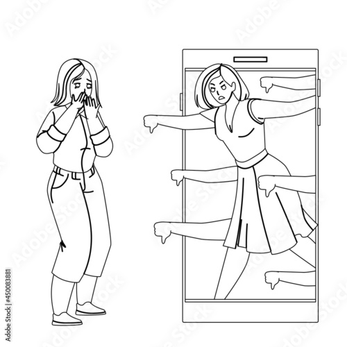 Victim Of Cyberbullying Social Problem Black Line Pencil Drawing Vector. People Woman Disliking At Sadness Girl From Smartphone Display, Victim Of Cyberbullying. Character Online Bullying Illustration