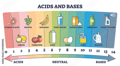 Fotografia Acids, neutral and bases substances scale with examples outline diagram