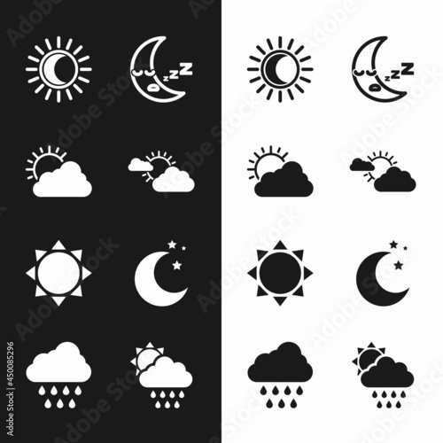 Set Sun and cloud weather, Eclipse of sun, Moon icon, stars, Cloud with rain and icon. Vector
