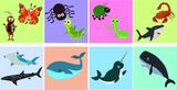 A set of insects and sea animals in a children's style.