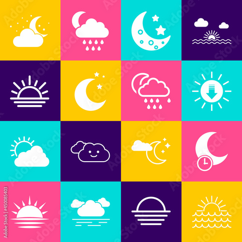 Set Sunset, Sleeping moon, Moon and stars, Cloud with and rain icon. Vector
