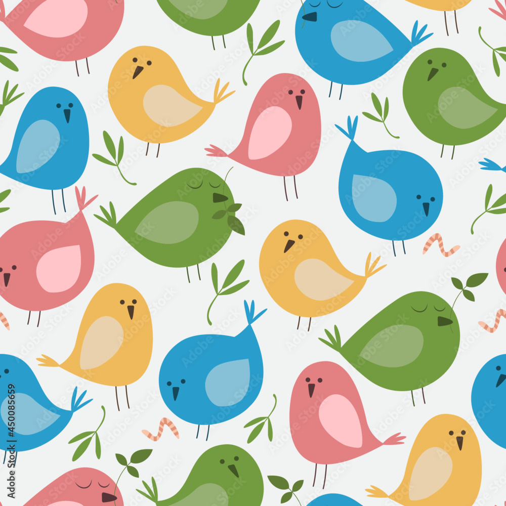 Seamless pattern with cute cartoon birds on white background. Flat vector illustration. Seamless pattern with cute cartoon birds on white background. Flat vector illustration.