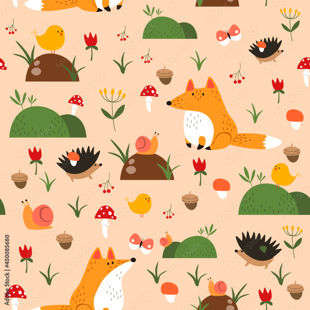 Seamless pattern with cute cartoon foxes, birds, hedgehogs and snails in forest. Vector illustration.
