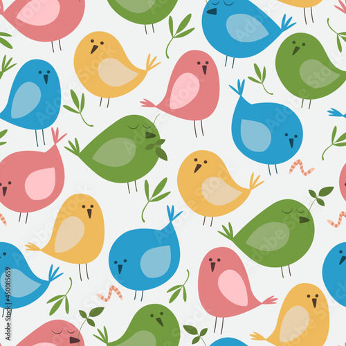 Seamless pattern with cute cartoon birds on white background. Flat vector illustration.