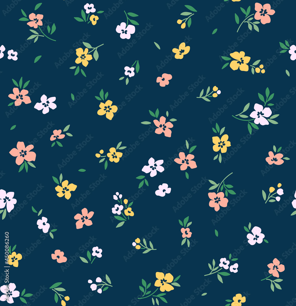 Cute floral pattern. Seamless vector pattern. Elegant template for fashion prints. Small white, pink and yellow flowers. Dark blue  background. Summer and spring motifs. Stock vector.