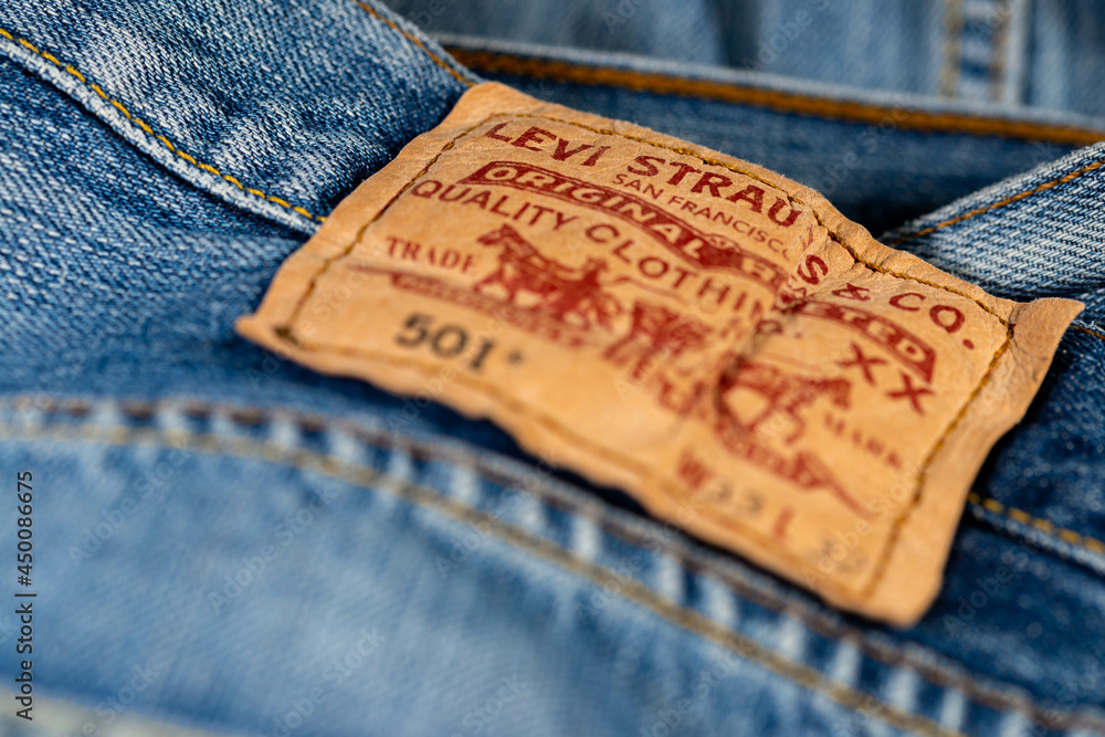 Miercurea Ciuc, Romania- 10 August 2021: Levi Strauss label on blue jeans  close up macro shot. Stock Photo | Adobe Stock