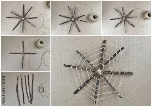 How to make a web from sticks and rope, step by step, children's master class. photo